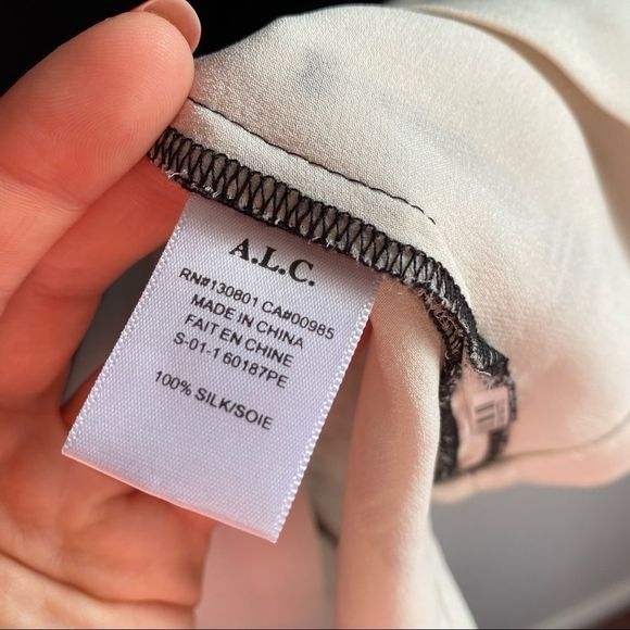 ALC black white abstract stripe silk long sleeve crewneck mini shift dress - Picture 4 of 6